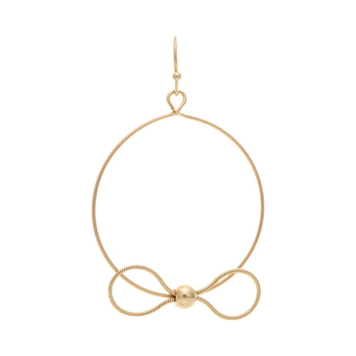 Gold hoop earring with a bow design on a white background