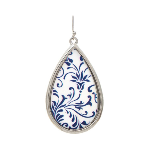 Teardrop-shaped earring with blue floral pattern on a white background