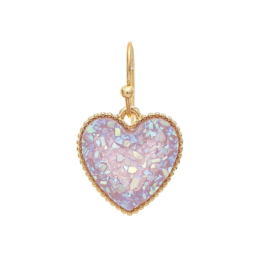 Heart-shaped pendant with iridescent finish and gold frame on a white background