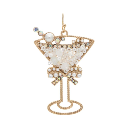 Decorative earring shaped like a martini glass with pearls on a white background