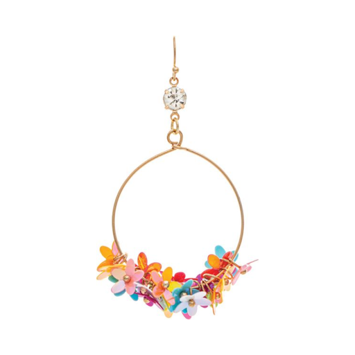 Colorful floral hoop earring with gold frame on a white background