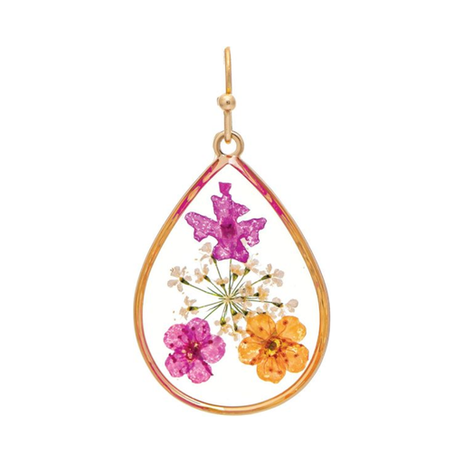 Gold teardrop-shaped earring with pink and orange flowers on a white background