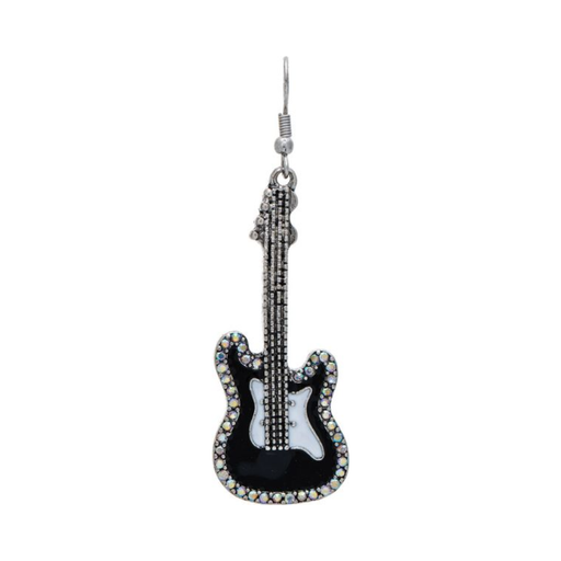 Guitar-shaped earrings with black and white design on a white background