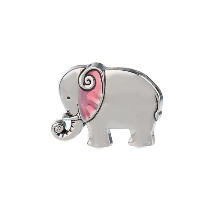 Silver elephant charm with pink interior on a white background