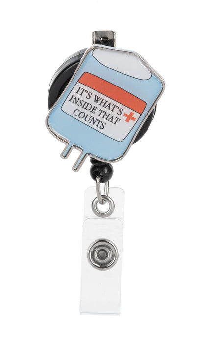 Retractable badge holder with medical-themed design on a white background