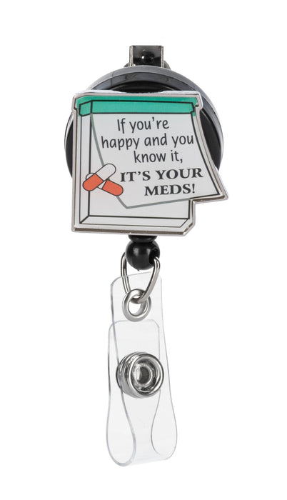 Retractable badge holder with humorous message on a white background