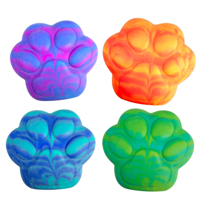 Four colorful paw-shaped fidget toys on a white background