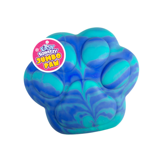 Blue and green paw-shaped toy with 'Easy Squeezy Jumbo Paw' label on a white background