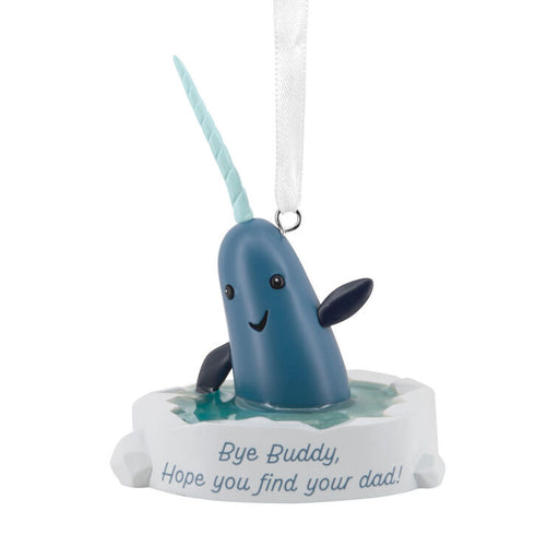 Narwhal ornament with a message on a white background