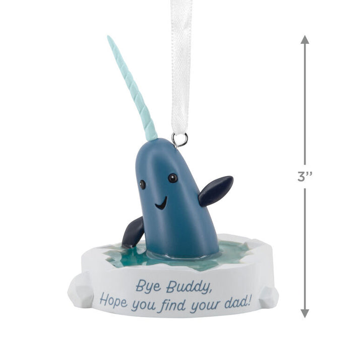 Narwhal ornament with a message on a white background