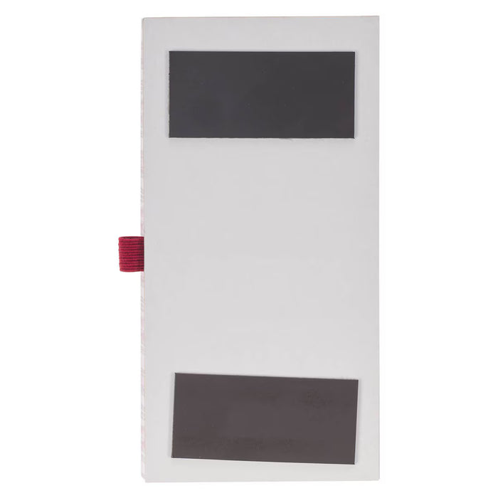 Rectangular white board with black magnetic panels on a white background