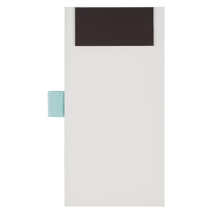 White door with a black rectangular panel and a small blue handle on a white background