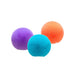 Three textured balls in purple, blue, and orange on a white background