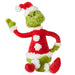Plush toy resembling a character in a red outfit with green accents on a white background