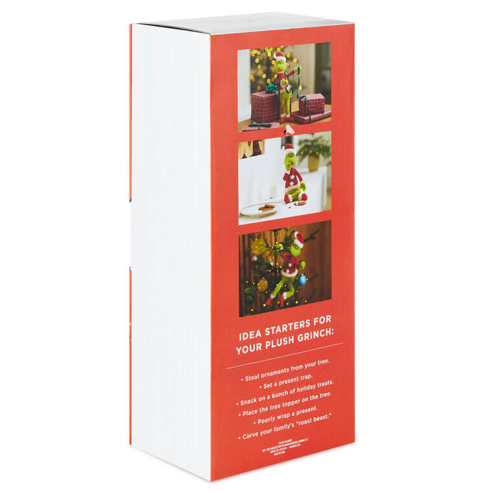 Box packaging for a plush Grinch toy with Christmas-themed images and text.