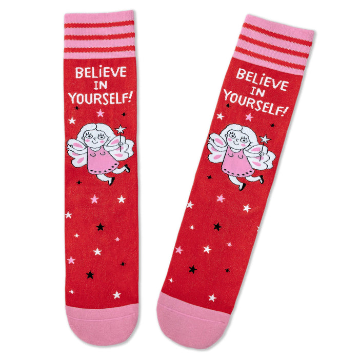 Red socks with 'Believe in Yourself!' text and fairy design on a white background