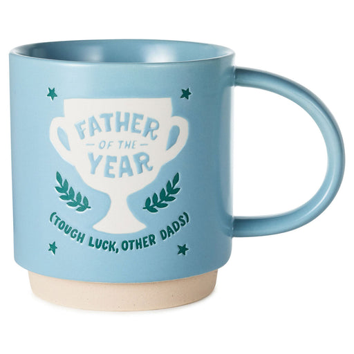 Blue mug with 'Father of the Year' design on a white background