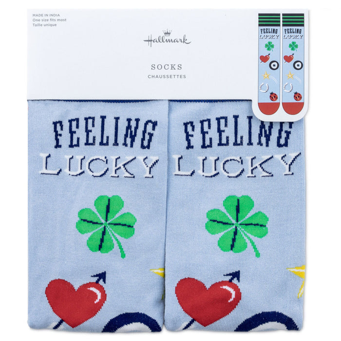 Pair of 'Feeling Lucky' socks with clover and heart designs, in packaging with Hallmark branding.