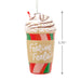 Decorative ornament shaped like a hot chocolate cup with whipped cream and candy cane stripes, labeled 'Festive Feels'.