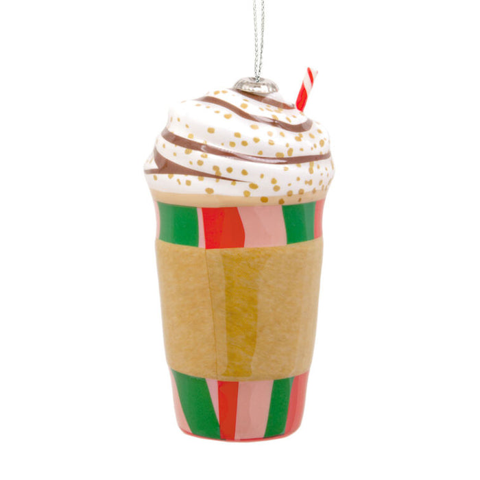 Decorative ornament shaped like a colorful milkshake with a straw on a white background