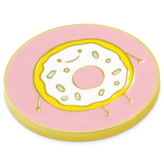 A round enamel pin shaped like a smiling donut with a pink frosting base, white center, yellow icing outline, and small gold legs and dots, shown on a plain white background.