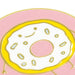 A stylized illustrated donut with a pink outer ring, yellow edge, white top, and small light blue sprinkle shapes on a white background.