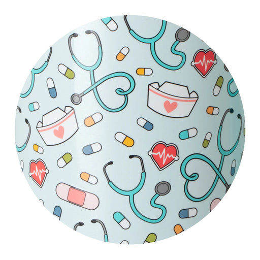 Roundel with medical-themed design including stethoscopes, nurse caps, and heartbeats on a light blue background.
