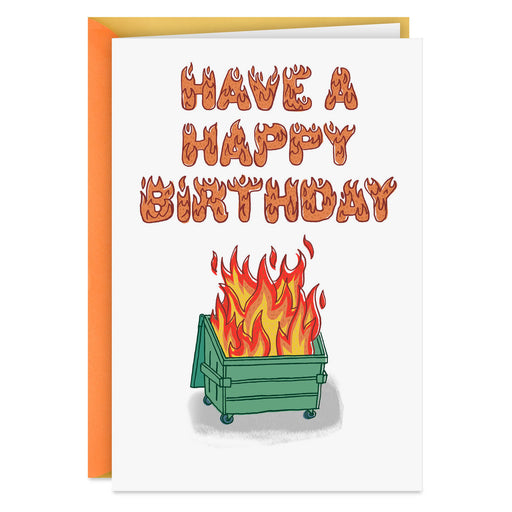 Birthday card with flames and a green dumpster on a white background