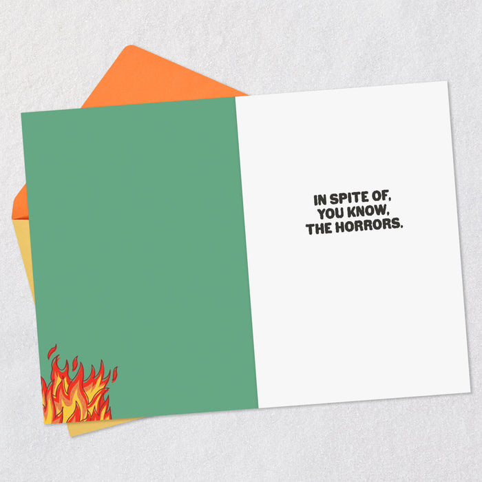 Greeting card with flames and text on a white background