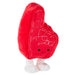 Red plush toy shaped like a heart with a face on a white background