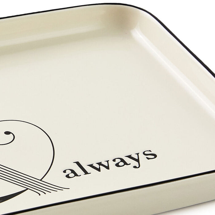 Beige tray with black text and design on a white background