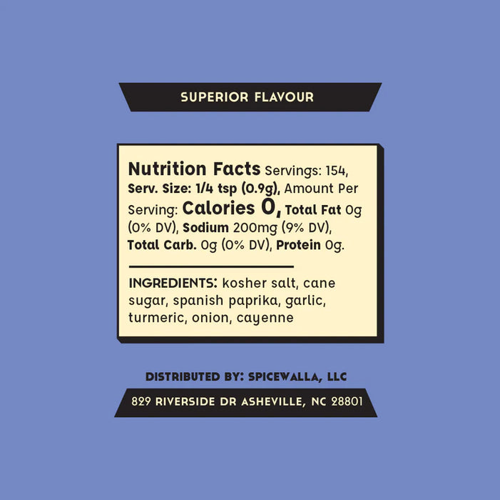 Nutrition facts label and ingredients list on a blue background, distributed by Spicewalla, LLC.