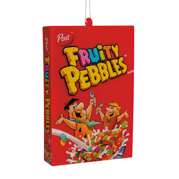 A red Post Fruity Pebbles cereal box hanging ornament with a red hanging tab at the top, shown on a plain white background.