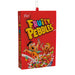 A red Post Fruity Pebbles cereal box hanging ornament with a red hanging tab at the top, shown on a plain white background.
