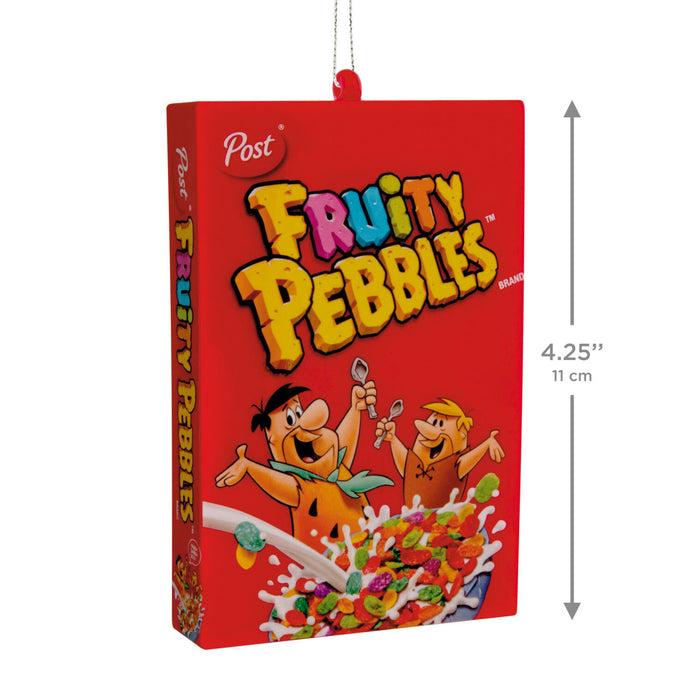 A red Post Fruity Pebbles cereal box ornament or hanging decoration shown on a white background, with a dimension marker indicating 4.25 inches (11 cm) height.