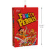 A red Post Fruity Pebbles cereal box ornament or hanging decoration shown on a white background, with a dimension marker indicating 4.25 inches (11 cm) height.
