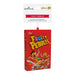 A Hallmark Fruity Pebbles Christmas tree ornament shaped like a red Fruity Pebbles cereal box, hanging from a white retail header card.