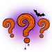 Halloween-themed graphic featuring three orange question marks with black outlines, a black bat, and small black spiders on a purple gradient background.