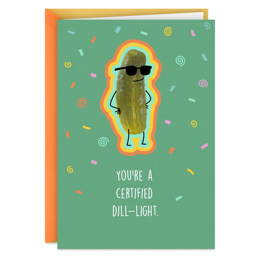 Card with a pickle illustration and text on a green background