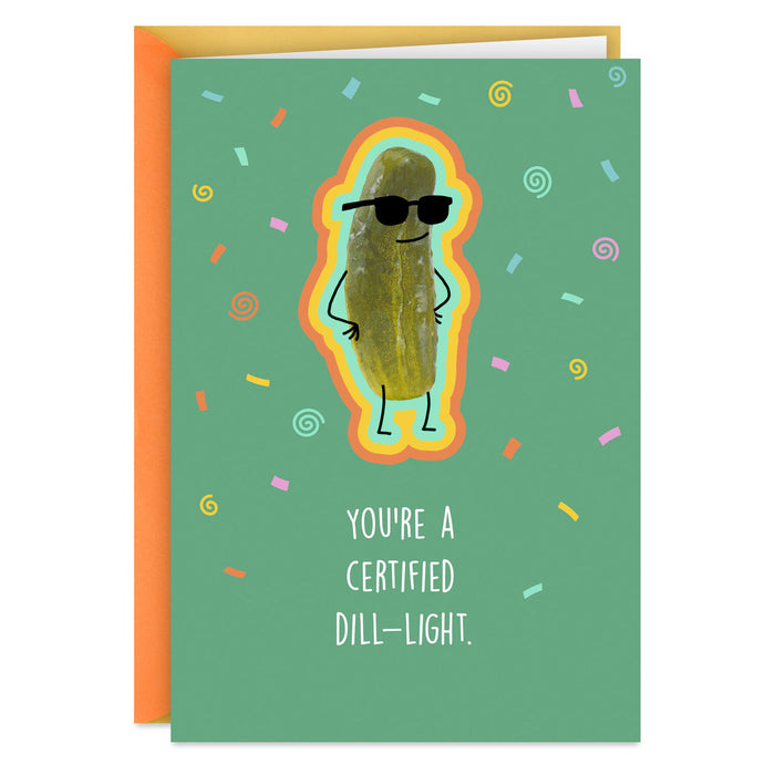Card with a pickle illustration and text on a green background
