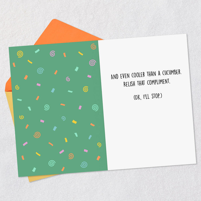 Greeting card with colorful pattern and humorous text on a white background