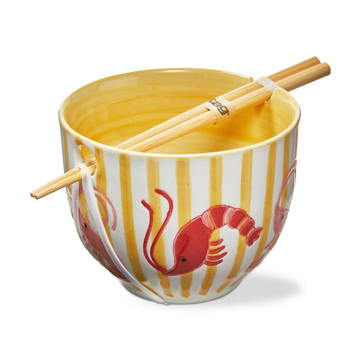 Ceramic bowl with shrimp design and chopsticks on a white background