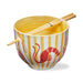 Ceramic bowl with shrimp design and chopsticks on a white background