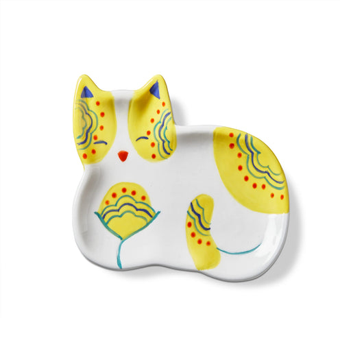 Ceramic cat-shaped plate with yellow and blue design on a white background