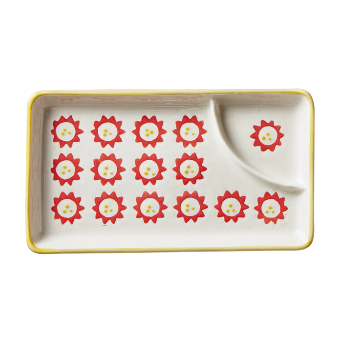 Rectangular ceramic tray with red floral patterns on a white background