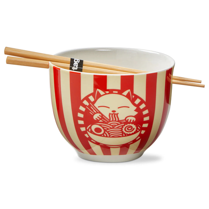 Ceramic bowl with red and beige striped design featuring a cat eating noodles, accompanied by chopsticks on a white background.