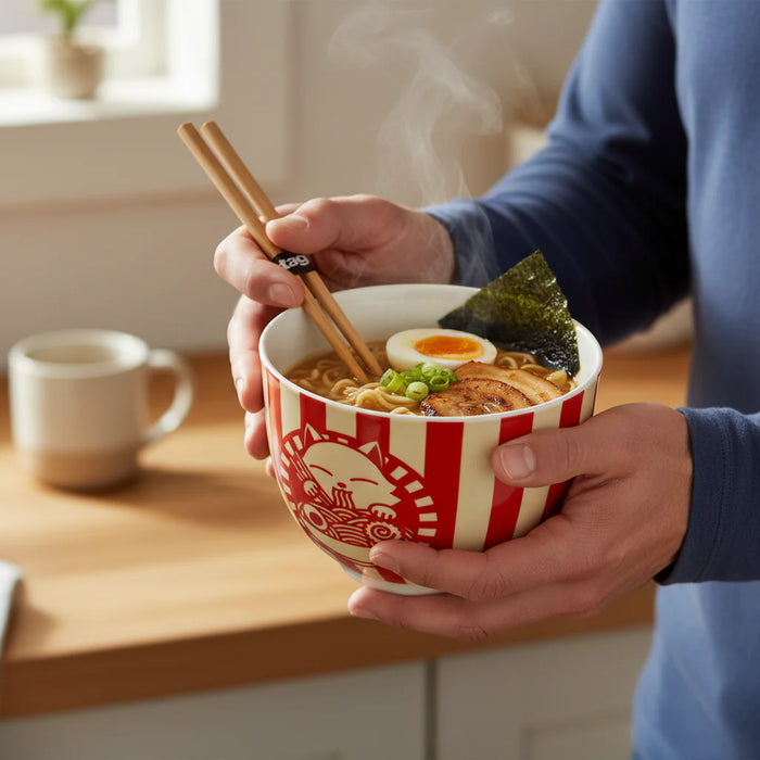 Person holding a bowl of ramen with chopsticks in a kitchen setting