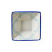 Square ceramic dish with blue rim and green interior design on a white background