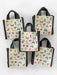 Set of small bags with colorful patterns on a white background