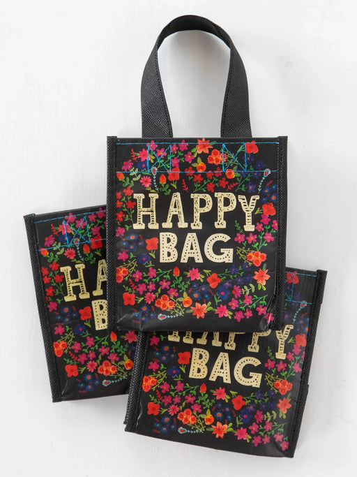 Two 'Happy Bag' bags with floral designs and gold text on a white background